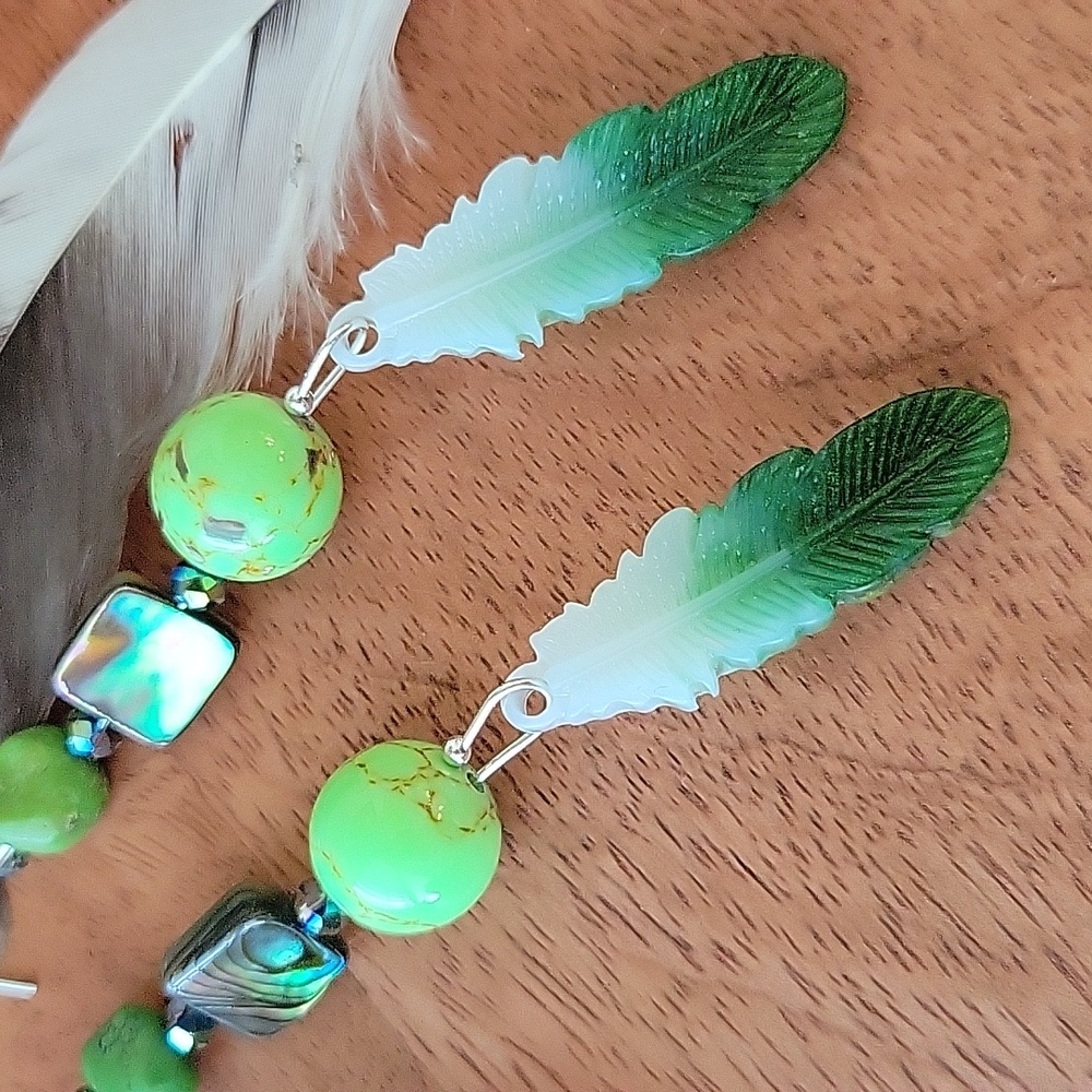 Southwestern Green Turquoise Abalone Shell Acrylic Feather Earrings Boho Western - Picture 3 of 5